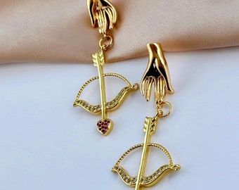 Bow Arrow Earrings, Gold Arrow Earrings, Cupid Earrings, Gold Hand Earrings, Gold Bow And Arrow, Cupid Bow And Arrow Pink