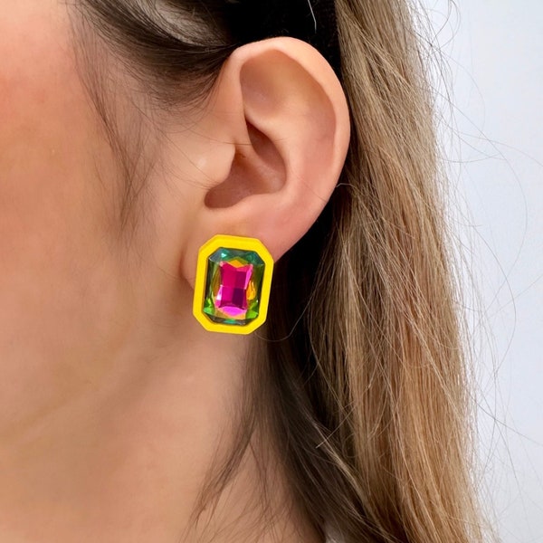 Neon Yellow Earrings, Geometric Stud Earrings, Neon Stud Earrings, Yellow Earrings, Neon Studs, Big Stud Earrings For Women, Rectangle Studs