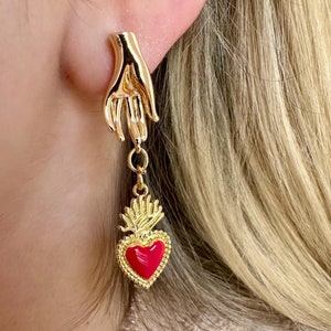 Hand Heart Earrings, Gold Sacred Heart Earrings, Flaming Heart Earrings, Pink Heart Earrings Gold, Milagro Heart Earrings, Ex Voto Heart