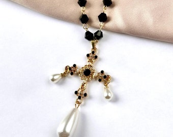 Renaissance Cross Necklace, Tudor Cross Necklace, Medieval Cross Necklace, Goth Cross Necklace, Pearl Cross Necklace, Halloween Necklace