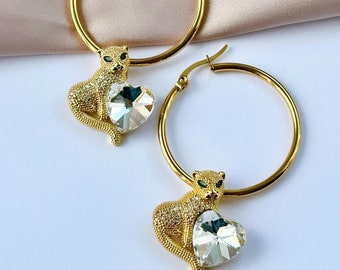Cheetah Hoop Earrings, Gold Leopard Earrings, Leopard Hoop Earring, Cheetah Earrings, Jaguar Earrings, White Heart Earrings, Gold Hoops 14K