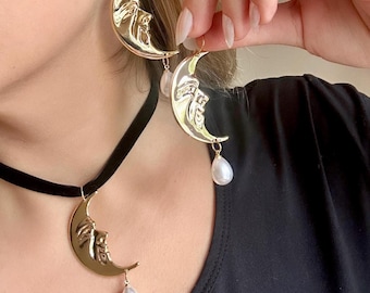 Moon Choker Necklace, Celestial Jewelry Set, Moon Crescent Necklace, Halloween Jewelry Set Moon Pearl Necklace, Witchy Jewelry, Moon Jewelry