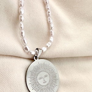 Men&#39;s Sun Necklace, Men&#39;s Sun Pendant, Faux Pearl Necklace, Celestial Pendant Silver, Pearl Necklace For Men, Celestial Pendant Necklace
