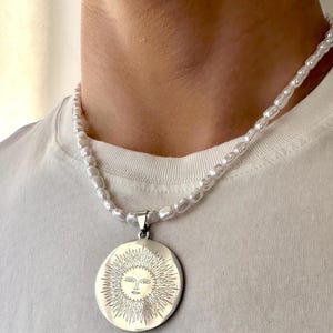 Men&#39;s Sun Pendant, Men&#39;s Sun Necklace, Faux Pearl Necklace, Celestial Pendant Silver, Pearl Necklace For Men, Celestial Pendant Necklace