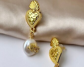 Mom Dangle Earrings, Mother's Day Earrings, Mother's Day Gift For Her, Gold Sacred Heart Earrings, Milagro Earrings Gold, Ex Voto Earrings