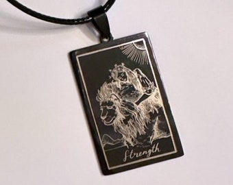 Men's Tarot Card Pendant, Occult Necklace For Men, Strength Necklace, Black Tarot Necklace, Stainless Steel Lion Necklace, Leather Necklace