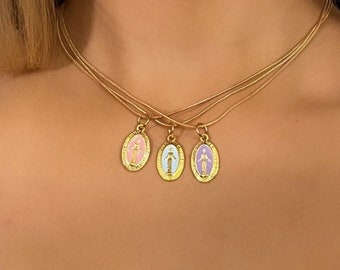 Gold Filled Jungfrau Maria Halskette, Miraculous Medal Anhänger Halskette, Edelstahl Medaillon Halskette, Gold Frauen katholische Halskette