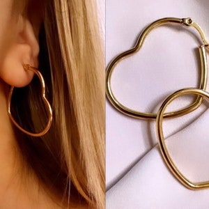 Gold Heart Hoop Earrings, Gold Heart Hoops, Heart Shaped Earrings, Tarnish Free Gold Earrings, 14K Hoop Gold Earrings, Everyday Hoops