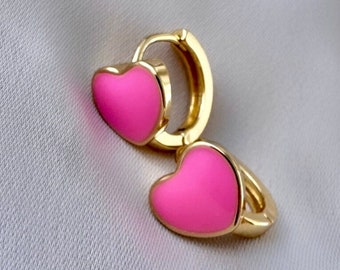 Pink Heart Huggie Earrings, Pink Heart Huggies, Enamel Heart Earrings, Small Heart Hoop Earrings, Hot Pink Heart Earrings, Everyday Hoops