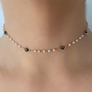 Schwarz Evil Eye Halskette, kleine Perle Choker, Evil Eye Halskette, kleine Perle Choker, Rocailles Choker, Nazar Halskette
