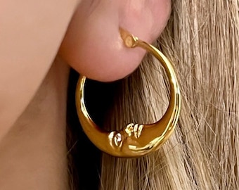 Gold Crescent Hoops, Moon Earrings, Thin Hoop Earrings, Celestial Earrings, Moon Hoop Earrings, Moon Star Earrings, Planet Earrings