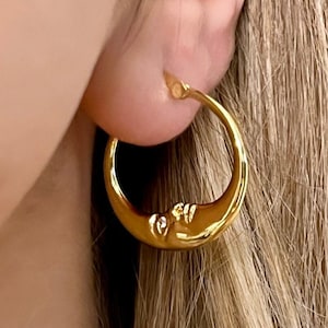 Gold Crescent Hoops, Moon Earrings, Thin Hoop Earrings, Celestial Earrings, Moon Hoop Earrings, Moon Star Earrings, Planet Earrings