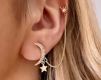 Celestial Ear Chain, Star Ear Climber Cuff, Moon Ear Climbers, Celestial Ear Hangers, Moon Crescent Earrings, Moon Star Earring