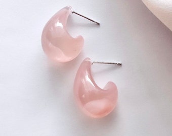 Rose Quartz Earrings, Raw Crystal Earrings, Pink Quartz Earrings, Raw Stone Earrings, Huggie Earrings, Chunky Hoop Earrings