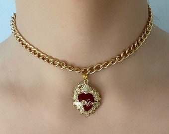 Red And Gold Sacred Heart Choker Necklace, Thick Gold Chain Choker Necklace, Mexican Heart Necklace, Religious Choker Necklace, Jesus Heart