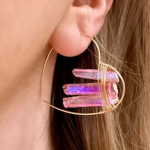 Pink Quartz Hoop Earrings, Gemstone Heart Earrings, Pink Crystal heart Dangle Earrings, Valentine Heart Earrings, Wire Wrapped Earrings