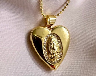Virgin Mary Locket, Virgin Mary Heart Necklace, Gold Heart Locket Necklace, Sacred Heart Of Jesus Necklace, Valentine's Day Jewelry Gift