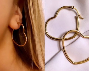 Créoles coeur en or, Créoles coeur en or, Boucles d'oreilles en forme de coeur, Boucles d'oreilles en or sans ternissement, Boucles d'oreilles en or 14 carats, Créoles de tous les jours