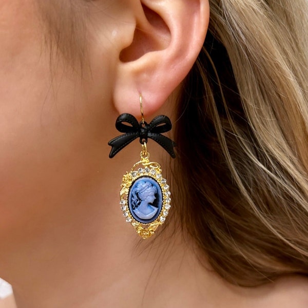 Blue Cameo Earrings, Antique Cameo Earrings, Black Bow Earrings, Victorian Cameo Earrings, Gold Cameo Earrings, Coquette Earrings
