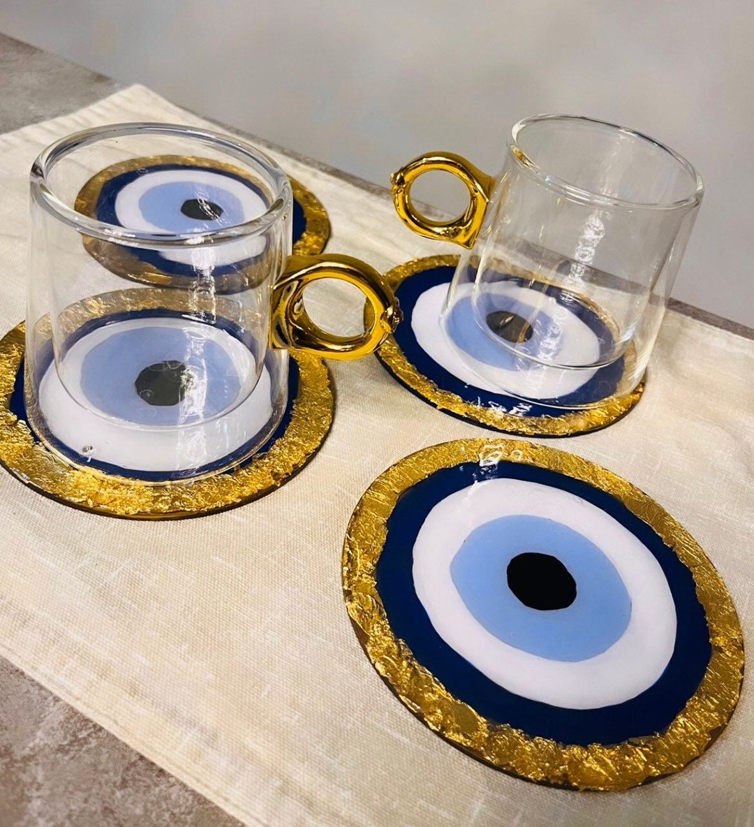 Evil Eye Coaster, Evil Eye Table Decor, Gold Trim Coasters, Resin