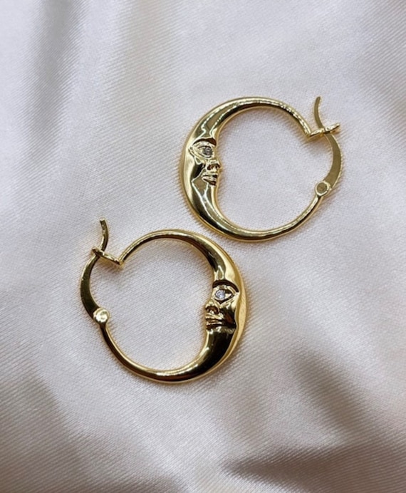 Moon Hoop Earrings - Moon Hoops - Gold Hoops - Celestial