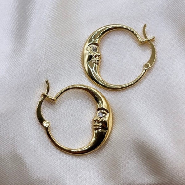 Moon Hoop Earrings - Moon Hoops - 14K Gold Hoops - Celestial Wedding