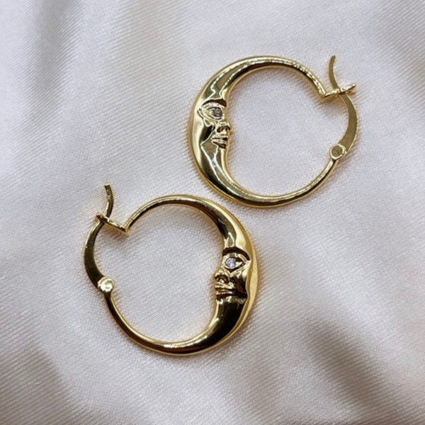 Orecchini a cerchio con luna - Cerchi lunari - Cerchi dorati - Matrimonio celeste