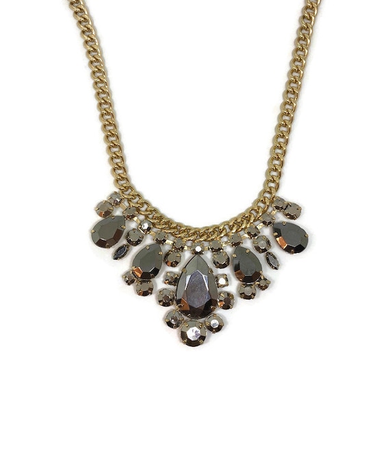 Vintage Bib Necklace, Grey Costume Necklace, Vinta