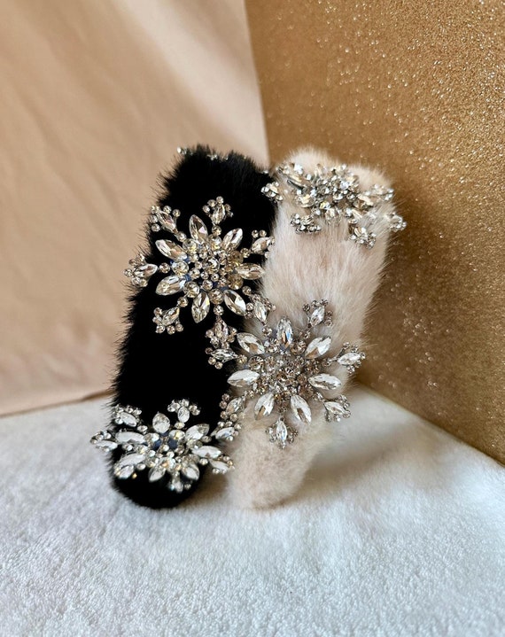 Faux Fur Headband Black, Fuzzy Headband, Snowflake Headband  display picture 2