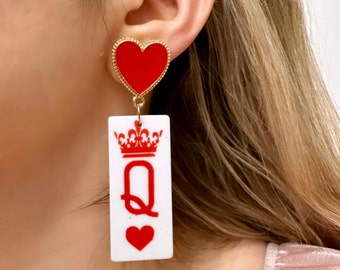 Pendientes de reina de corazones, pendientes de San Valentín, pendientes de naipes, pendientes colgantes de corazón rojo, pendientes de reina roja, pendientes de corazón llamativos
