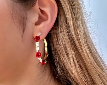 Rose Hoop Earrings, Red Rose Earrings, Floral Hoop Earrings, Floral Gold Earrings, Statement Hoops, Spring Earrings, Mother's Day Earrings