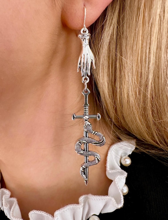 Sword Hand Earrings, Snake Sword Earring Medieval Earrings Silver