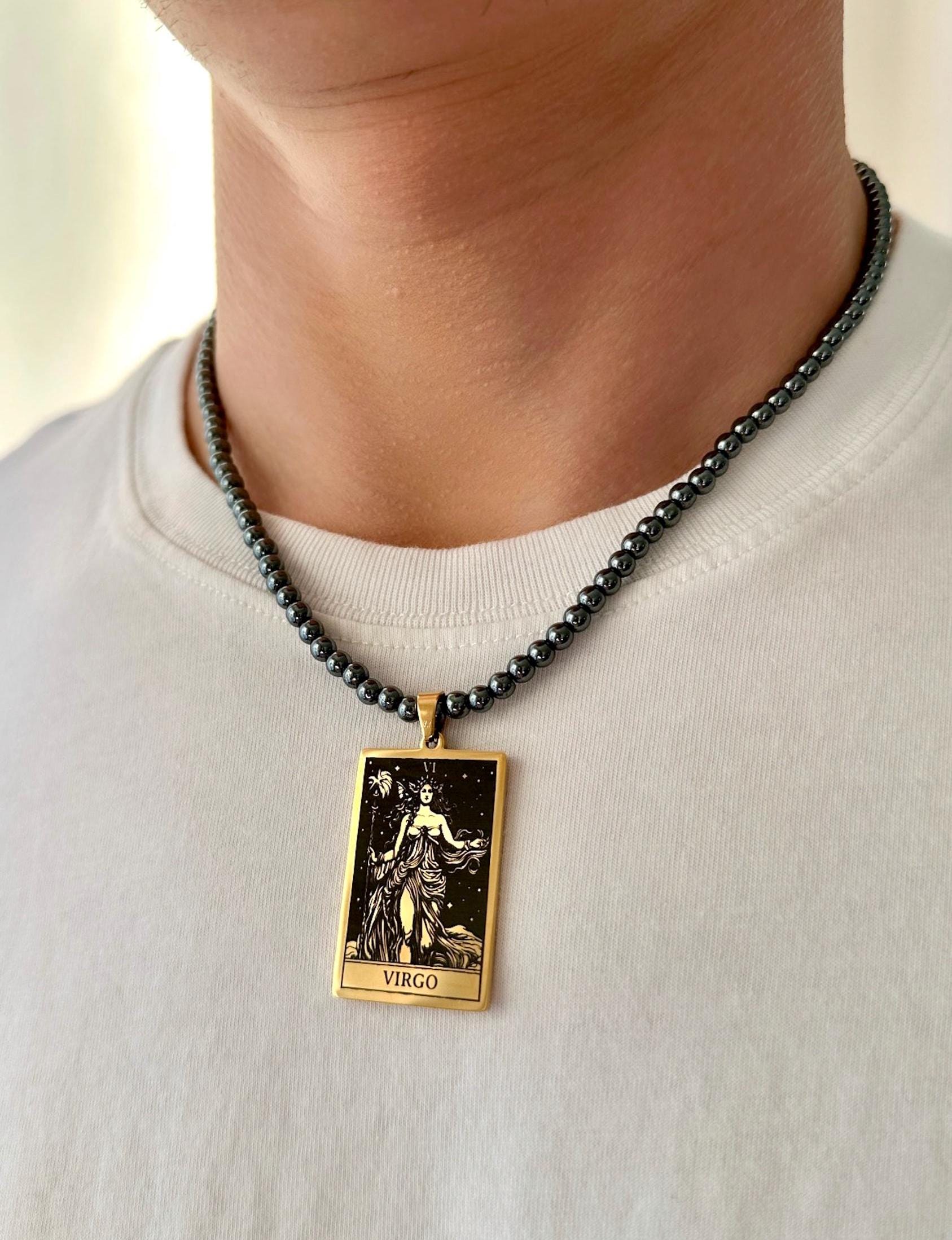 Gold Zodiac Pendant Mens, Tarot Necklace Gold, Tarot Zodiac