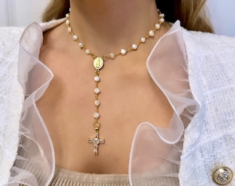 Real Pearl Rosary, Gold Filled Rosary Necklace, Gold Cz Cross Pendant, 18K Gold Rosary Necklace, Gold Cross Rosary, Freshwater Pearl Rosary