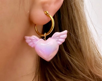 Pink Heart Dangle Earrings For Women - Big Velvet Heart Hoops, Perfect Valentine's Day Gift