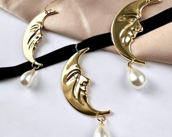 Moon Choker Necklace, Celestial Jewelry Set, Moon Crescent Necklace, Halloween Jewelry Set Moon Pearl Necklace, Witchy Jewelry, Moon Jewelry