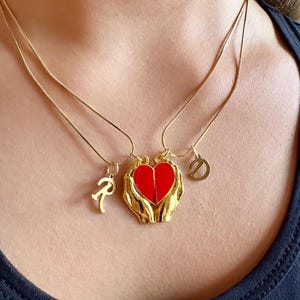 Red Heart Necklace Enamel, Heart Hand Necklace, Magnetic Heart Pendant, Red Heart Necklace Rounded Gold Chain, Valentines Necklace Gold