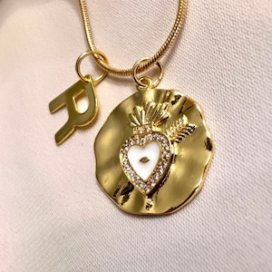 Gold Sacred Heart Pendant, Initial Heart Necklace Enamel, Gold Initial Charm Necklace, Custom Heart Pendant, Heart Arrow Necklace, 14K Heart
