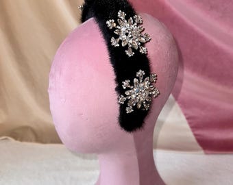 Faux Fur Headband Black, Fuzzy Headband, Snowflake Headband  display picture 3