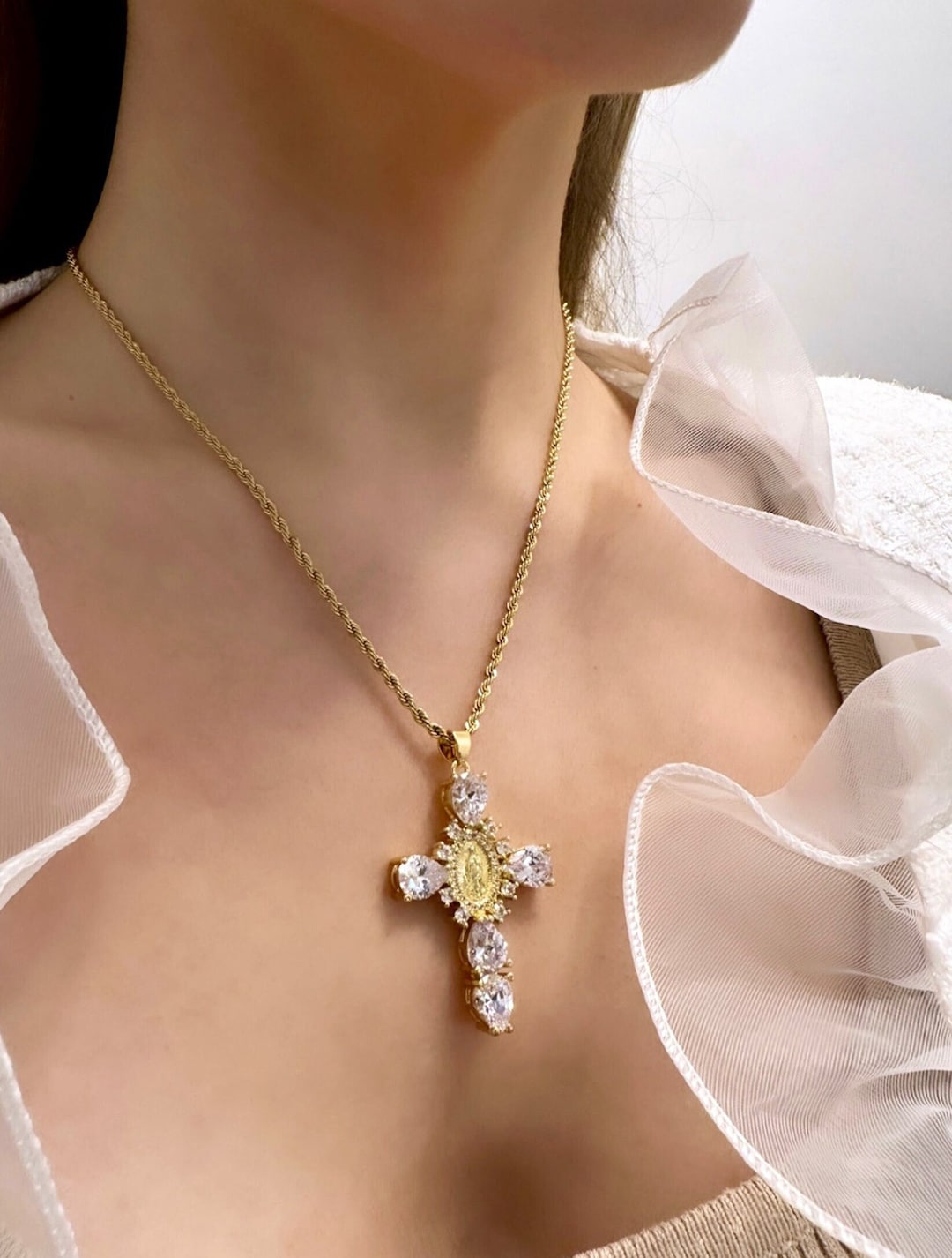 Rope Chain Cross Necklace, Renaissance Cross Necklace, 18K Gold Cross Necklace, Virgin Mary