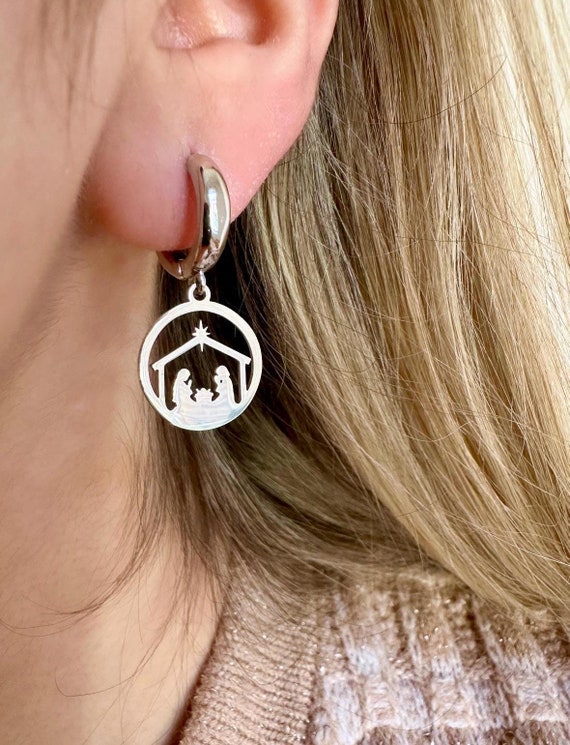 Nativity Earrings, Silver Christmas Earrings, Religious Christmas Earrings, Christmas Hoop Earrings, Nativity Scene Earring, Christmas Hoops