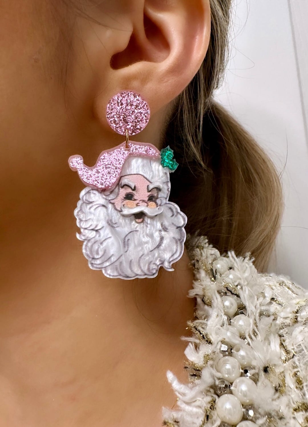 Christmas Pink Vintage Santa Earrings main image 0