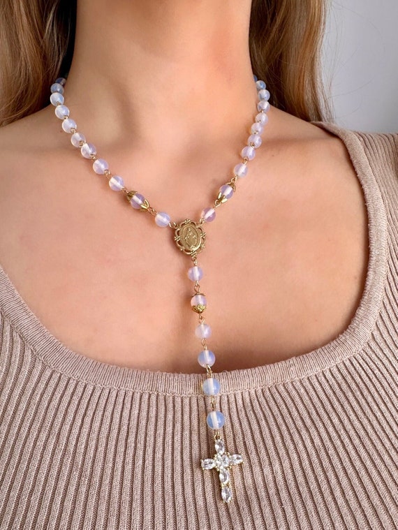 Moonstone Rosary, Opalite Rosary, Moonstone Cross Necklace