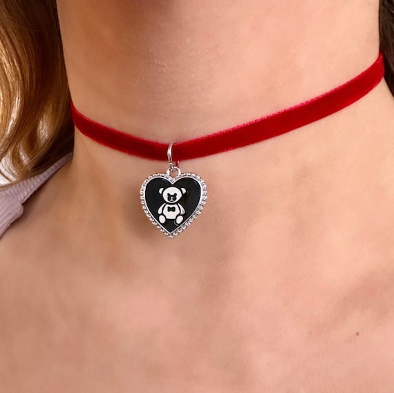 Buy Teddy Bear Heart Necklace, Red Velvet Choker, Cute Bear 