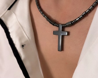 Black Men&#39;s Cross, Black Men&#39;s Cross Necklace, Hematite Cross Necklace, Magnetic Cross Necklace, Boyfriend Cross Necklace, Religious Gift