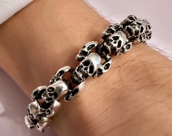 Silver Skull Bracelet, Goth Bracelet, Boyfriend Bracelet, Skull Beads, Strength Bracelet, Male Bracelet, Father In Law Gift, Viking Bracelet