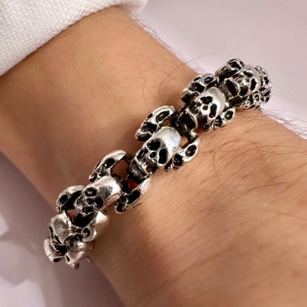 Bracelet crâne en argent, bracelet gothique, bracelet petit ami, perles de crâne, bracelet de force, bracelet masculin, cadeau de beau-père, bracelet viking