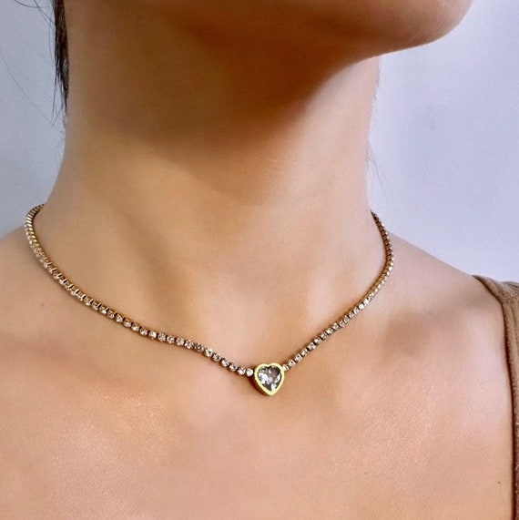 Amazon.com: A Heart Necklace Heart Zircon Pendant Rhinestone Necklace  Zircon Heart Necklaces Crystal Chain Jewelry (Gold, One Size): Clothing,  Shoes & Jewelry