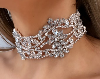 Girocollo con strass di cristallo, collana girocollo da sposa, collana con strass di dichiarazione, grande collana con strass, collane nuziali, girocollo in argento