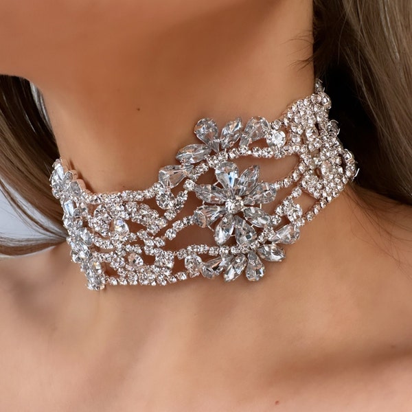 Crystal Rhinestone Choker, Bridal Choker Necklace, Statement Rhinestone Necklace, Big Rhinestone Necklace, Wedding Necklaces, Silver Choker